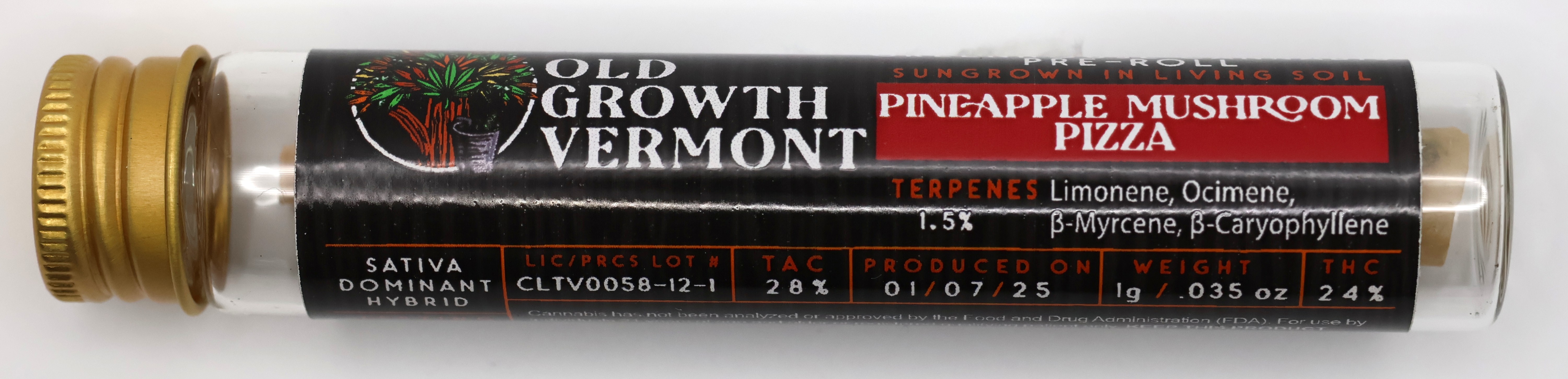 Photograph of product: Old Growth Vermont | Pineapple Mushroom Pizza | 1g Pre-Roll