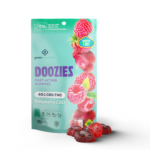 Photograph of product: Doozies - Raspberry 60:1 - 60mg CBD:1mg TH-oui - Edible - 10pk