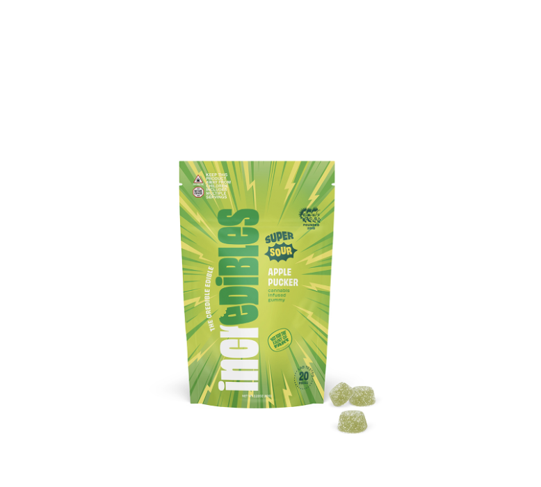 Photograph of product: Incredibles Sour Apple Pucker Gummies 100mg 20pk