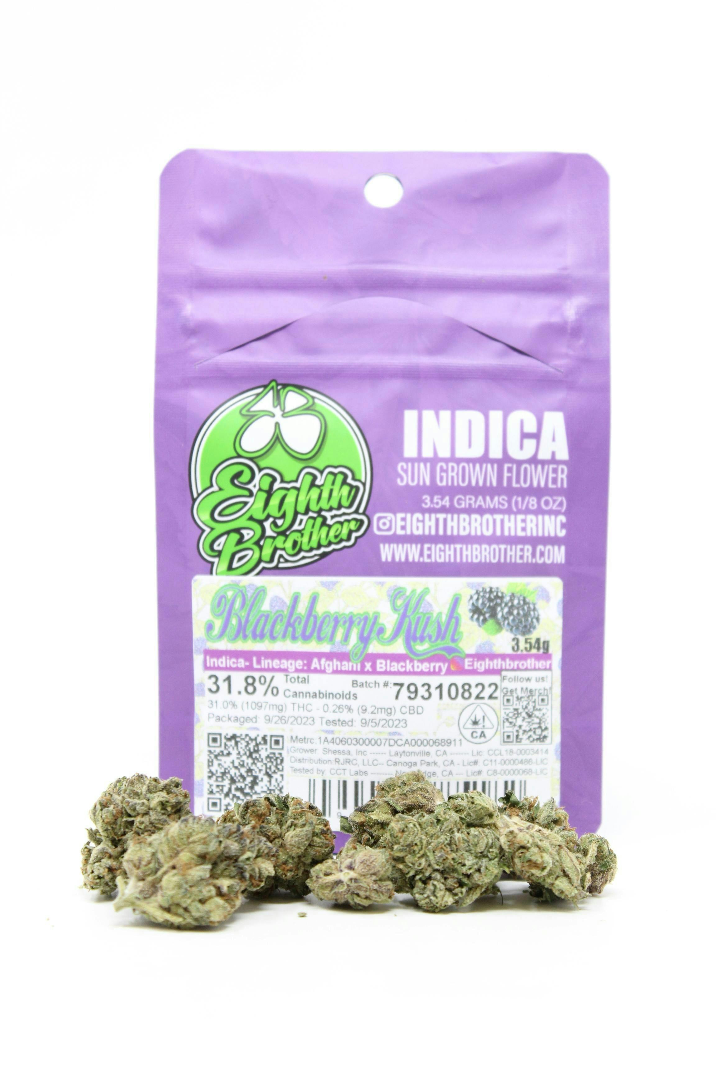 Photograph of product: Eighth Brother - Flower - Blackberry Kush - 3.5G