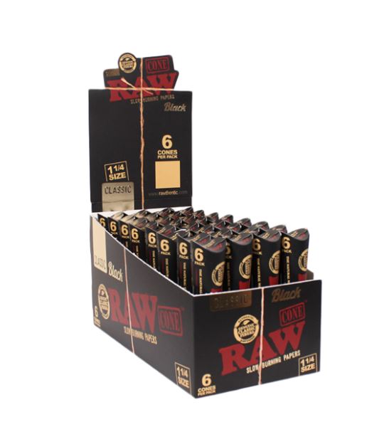 Photograph of product: RAW: Black 1 1/4" | Pre-Rolled Cones | 6pk
