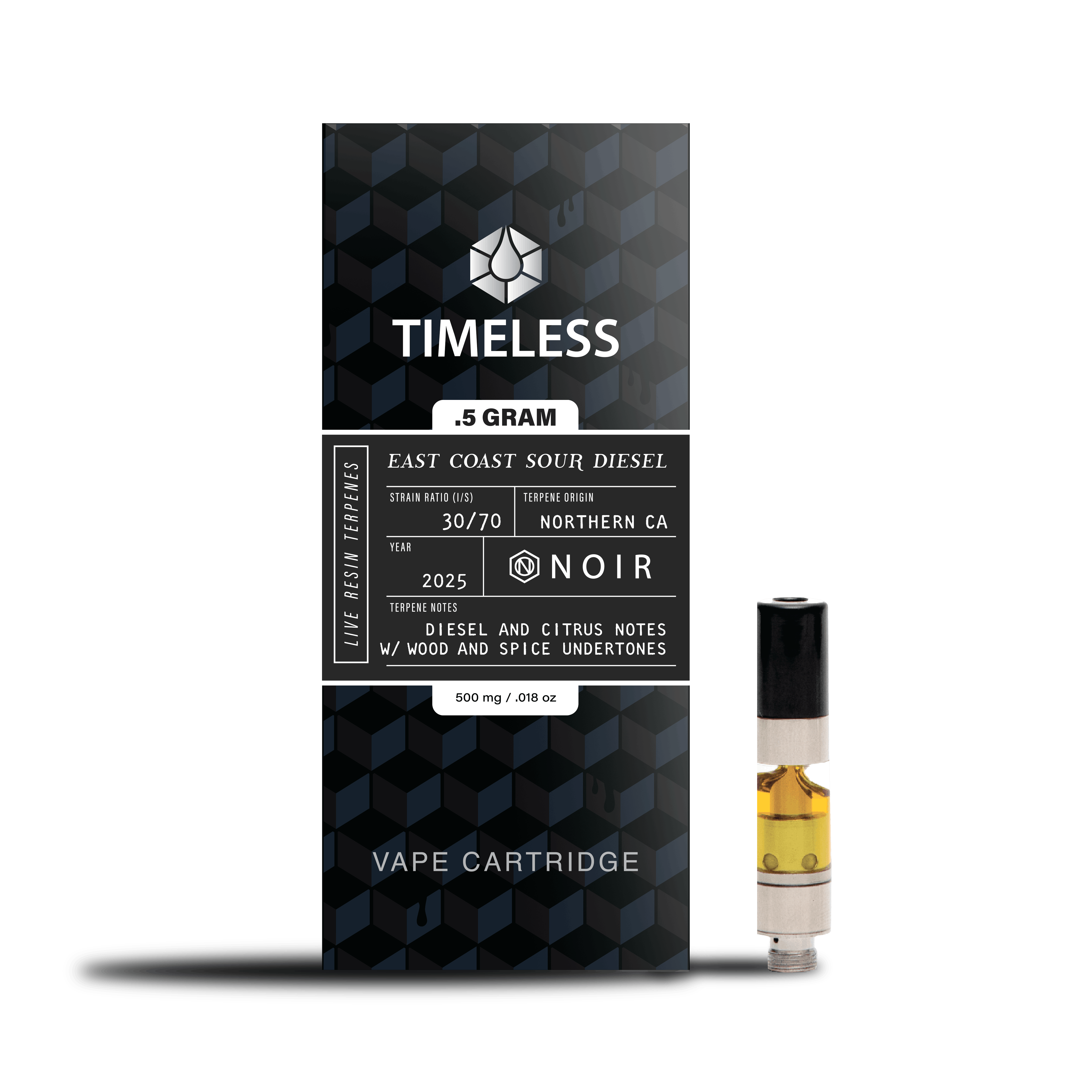 Photograph of product: Timeless East Coast Sour Diesel (S) Noir Live Resin Cartridge 0.5g