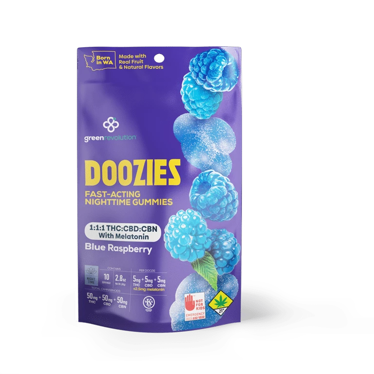 Photograph of product: Green Revolution Blue Raspberry 1:1:1 Doozies TH-oui:CBD:CBN with Melatonin 150mg