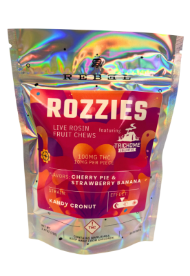 Photograph of product: Rozzies (I/H) *Special Edition Cherry Pie & Strawberry Banana Pebble Coated Nano Live Rosin Fruit Chews 100mg