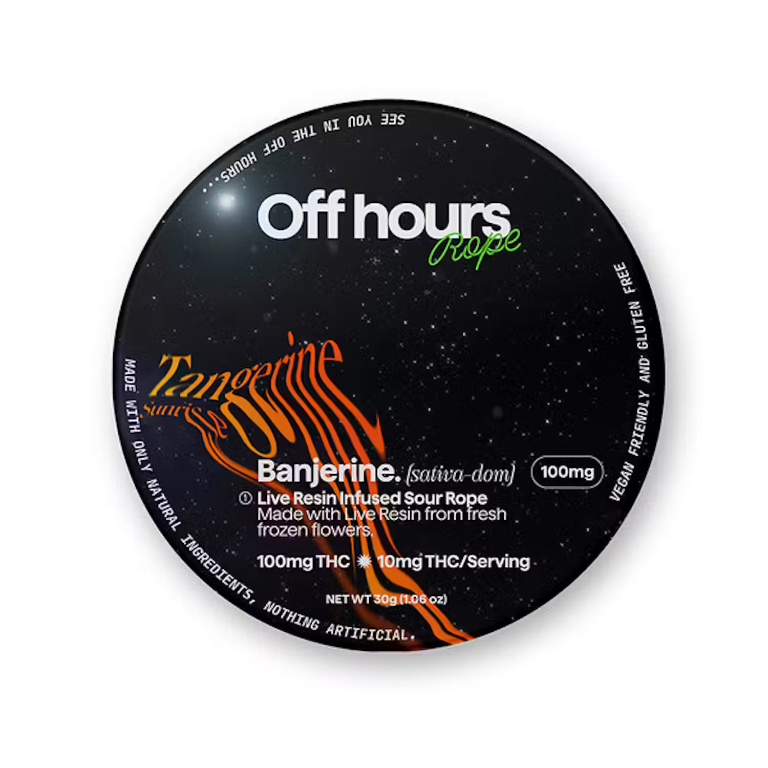 Photograph of product: Off Hours - Live Resin Rope Banjerine - Sour Tangie Sunrise - 100mg Gummy