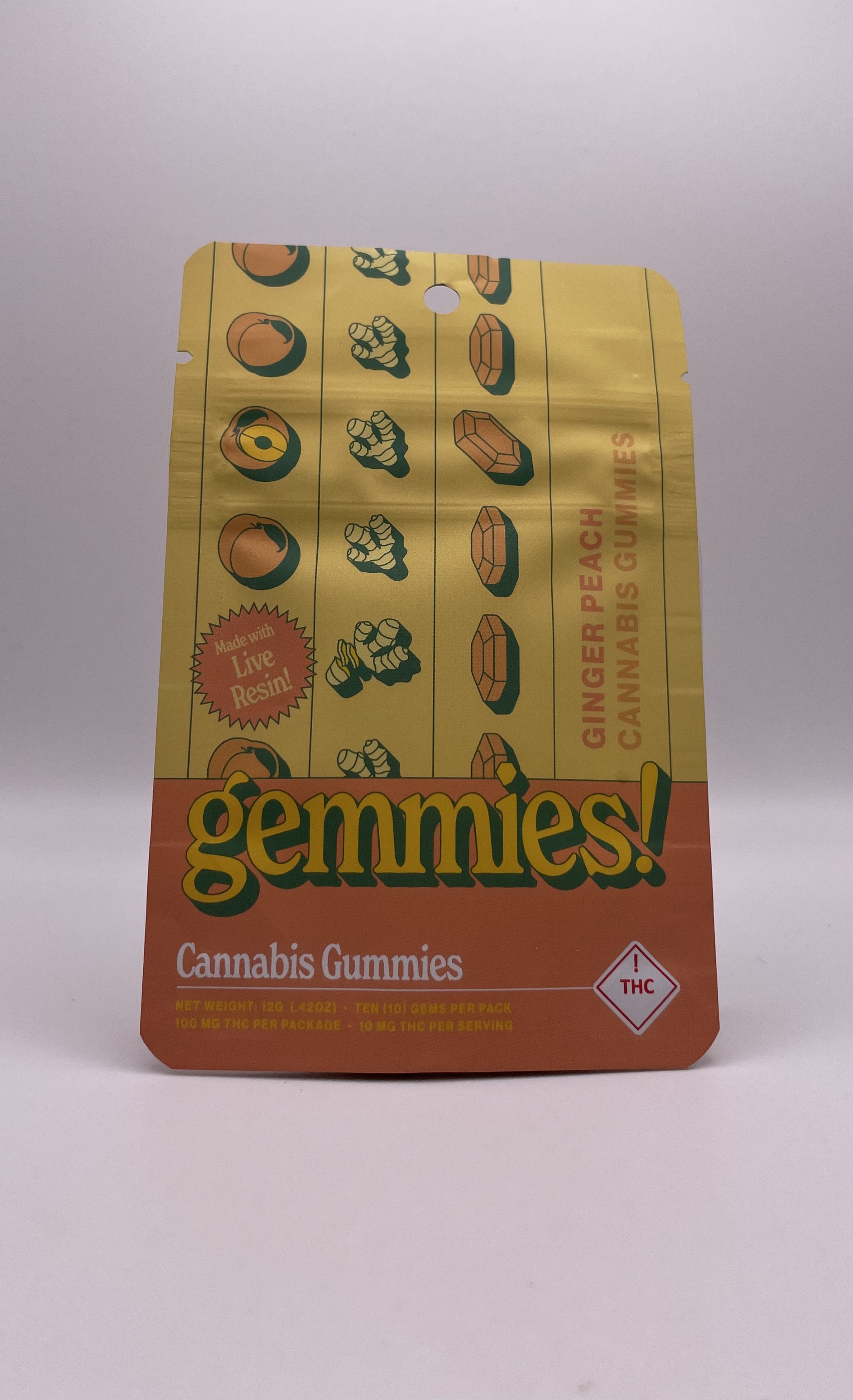 Photograph of product: Gemmies - Ginger Peach - 1:1 - 100mg Live Resin Gummies