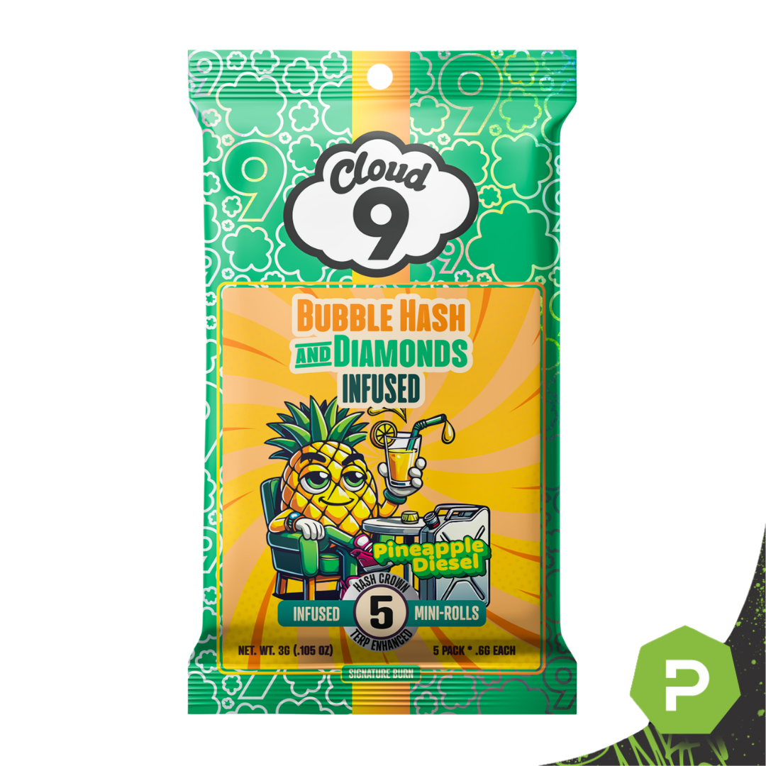 Photograph of product: Cloud 9 | 0.6g x 5 Infused Bubble au chocolat & Diamonds Pre-Rolls | Pineapple Diesel