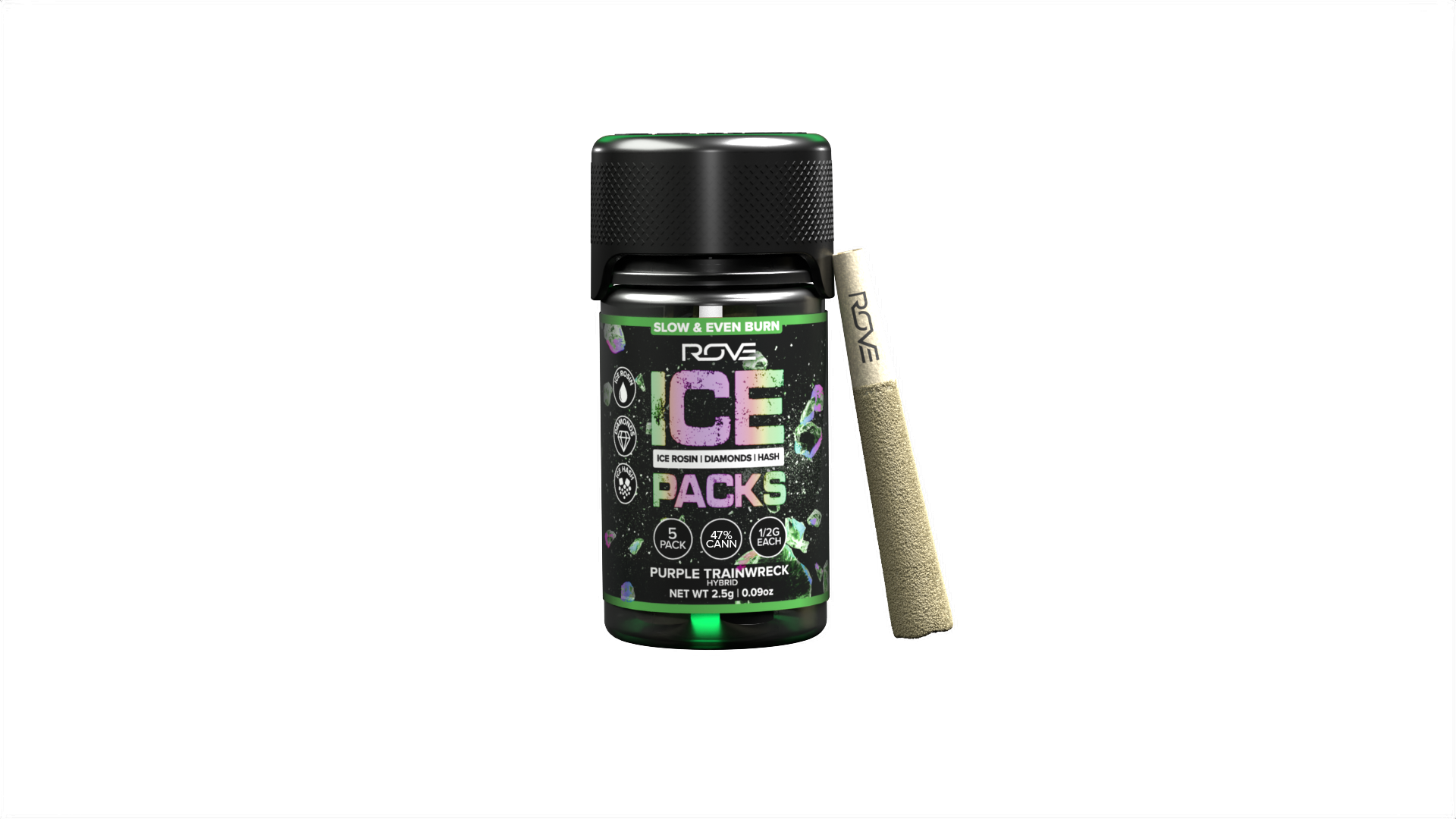 Photograph of product: Rove - Ice Packs - Infused Prerolls 5pk - Purple Trainwreck (H) (2.5g)