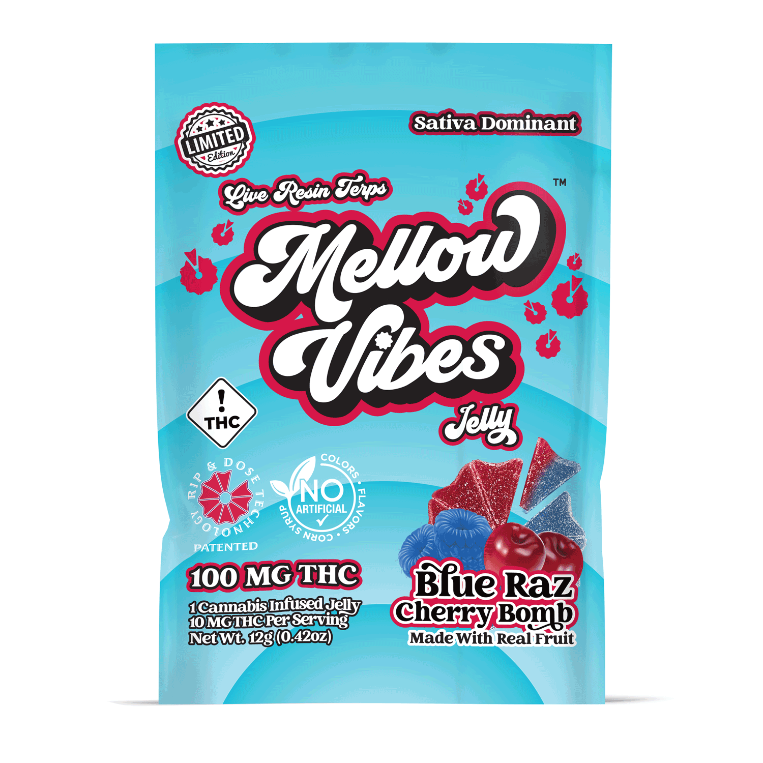 Photograph of product: Mellow Vibes Jelly Blue Raz Cherry 100mg - Oui'd