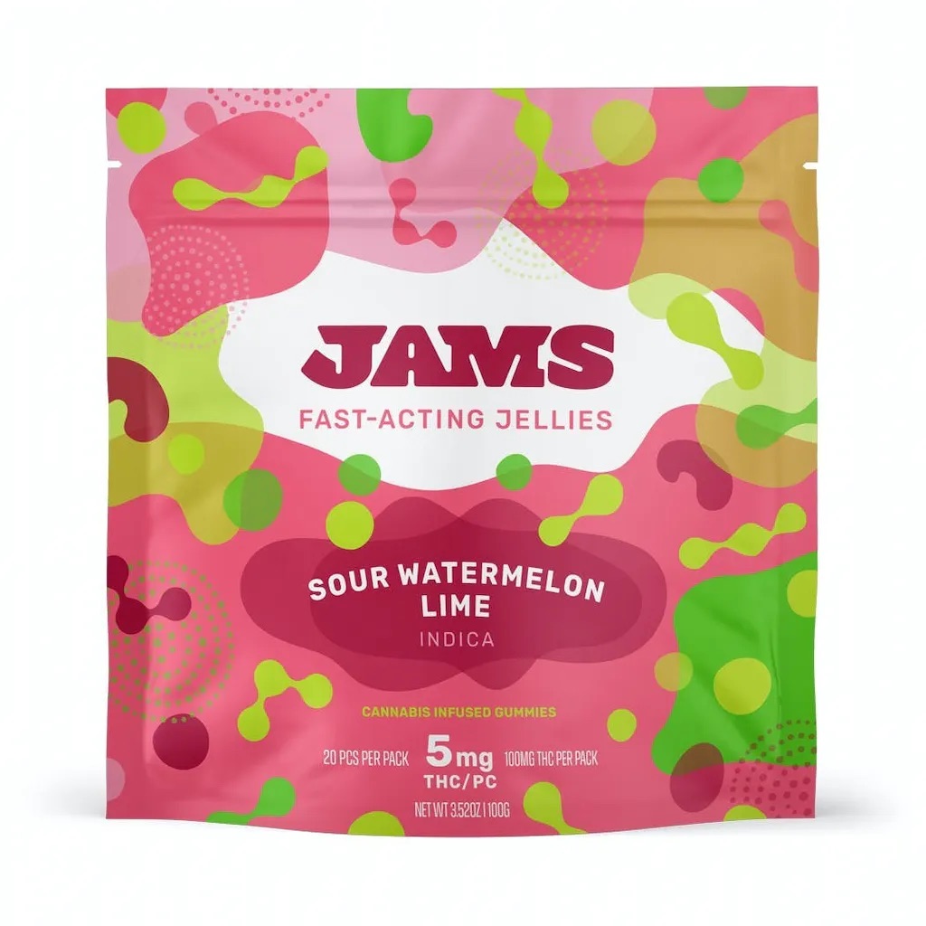 Photograph of product: JAMS Jellies Fast Acting 20 Pack 100mg Sour Watermelon Lime Oui'd