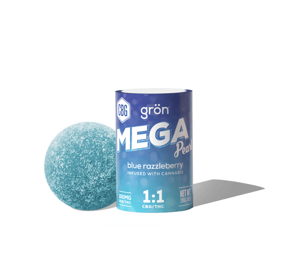 Photograph of product: GRON 100MG TH-oui: 100MG CBG BLUE RAZZLEBERRY MEGA PEARL
