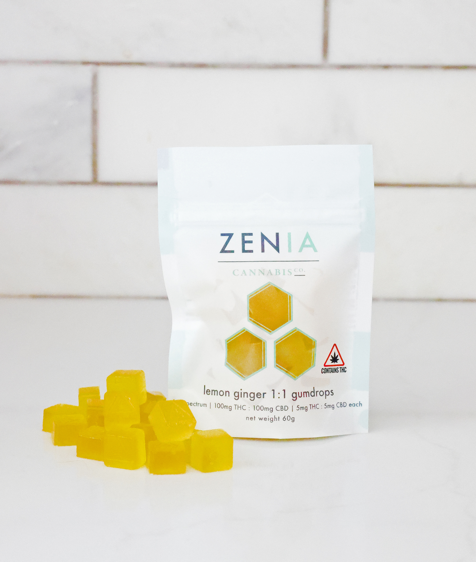 Photograph of Product: Zenia - Lemon Ginger - 1:1 Hash Rosin Gumdrops - 200mgTHC/200mgCBD
