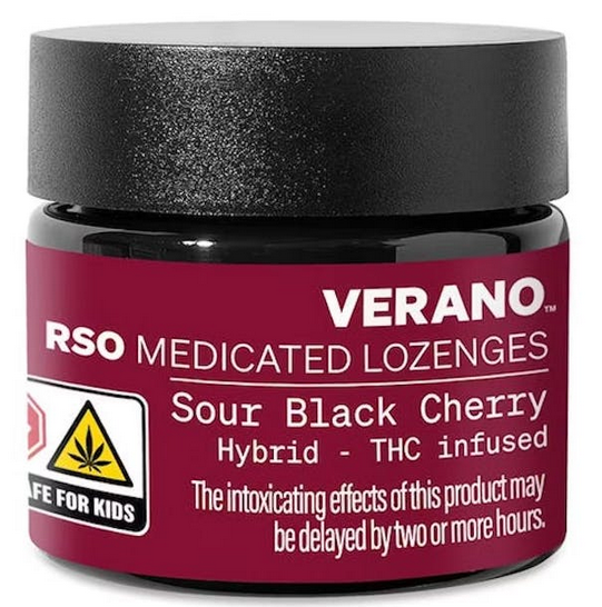 Photograph of product: Encore - Sour Black Cherry RSO Medicated Lozenges 100mg 10pk