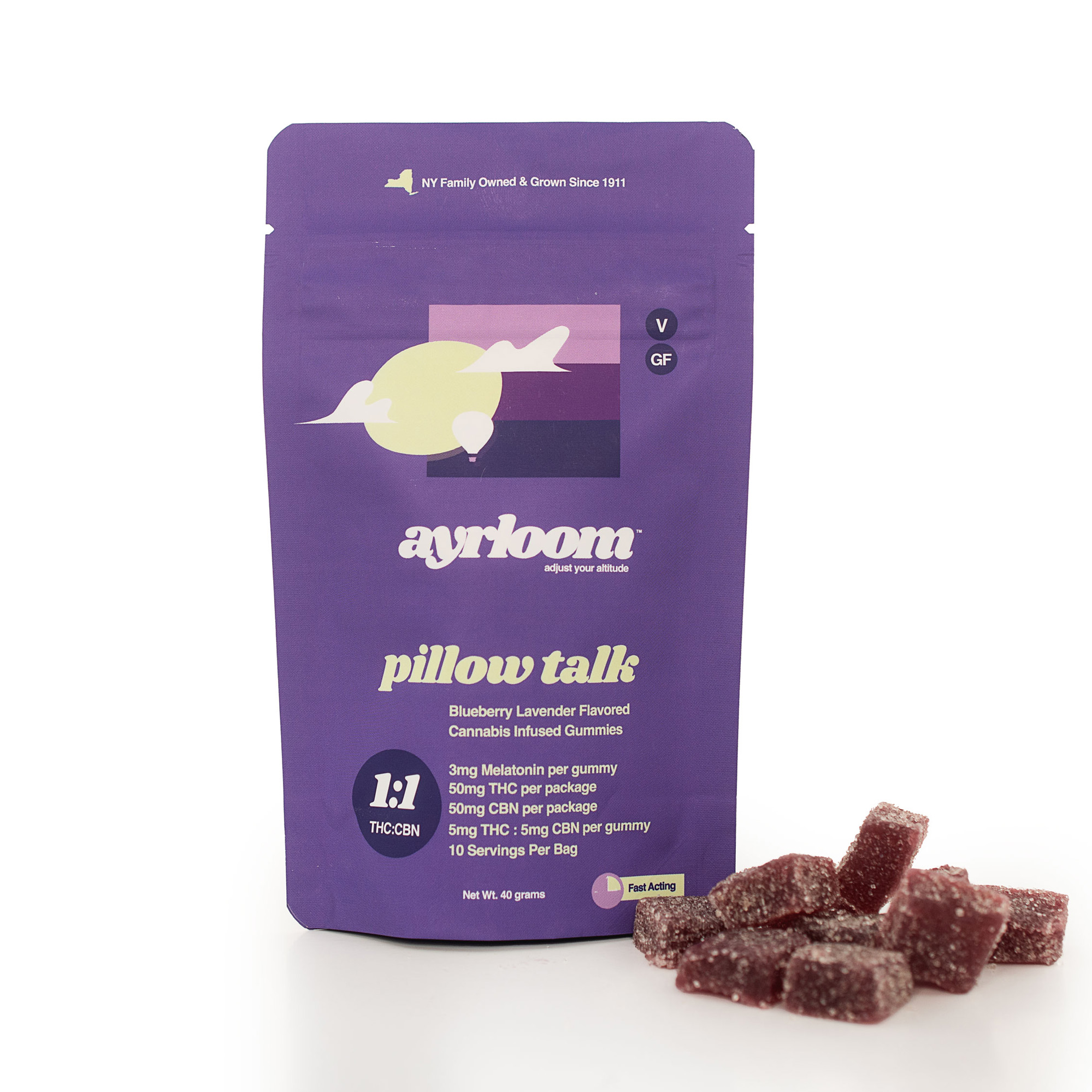 Photograph of product: Ayrloom 10pk 5mg Gummies- Pillow Talk- Oui'd | 1:1 TH-oui:CBN | 50mg