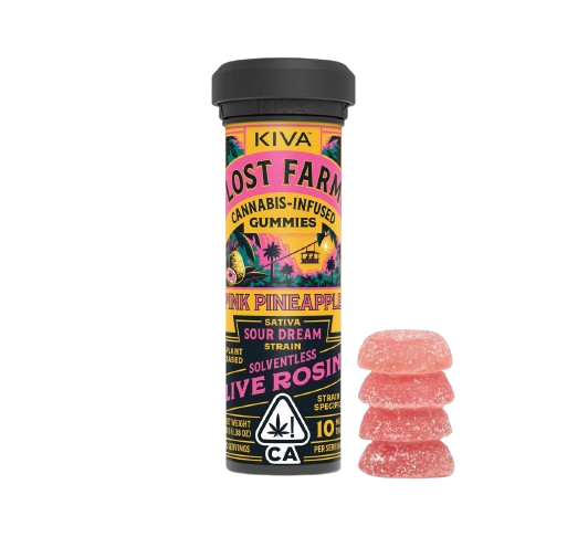 Photograph of product: Kiva Confections | Lost Farm Pink Pineapple X Sour Dream Rosin Infused Gummies | 100mg