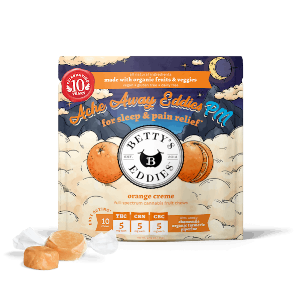 Photograph of product: Betty's Ache Away PM Orange Creme 1:1:1 Fruit Chews 5mg 10pc