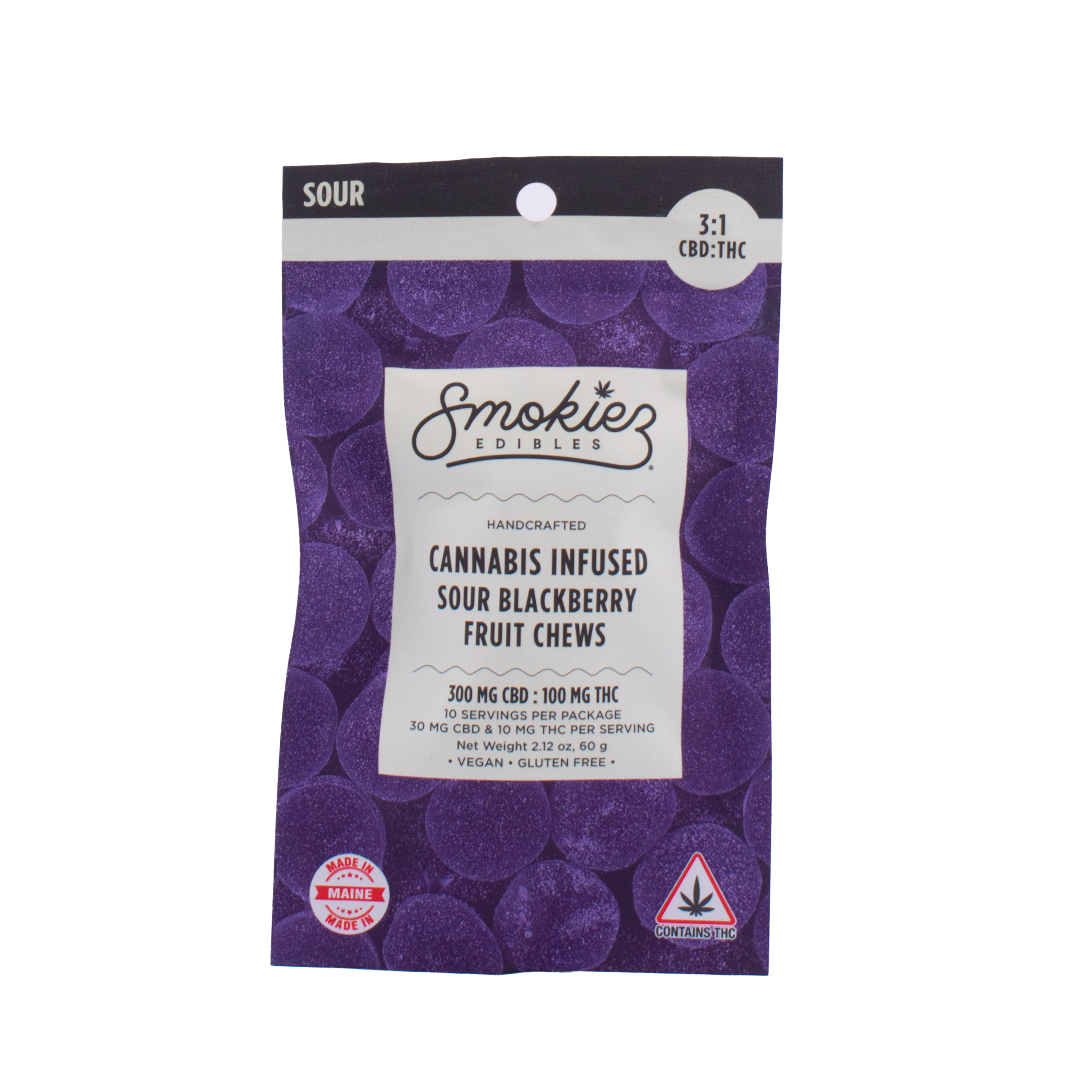 Photograph of product: 300mg 3:1 CBD:TH-oui Sour Blackberry Fruit Chews