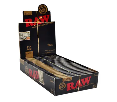 Photograph of product: Raw | Accessories | Black Natural Unrefined Rolling Papers | 1 1/4 | 50pk
