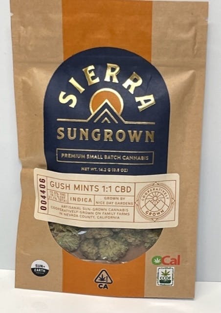 Photograph of product: Sierra Sungrown Gush Mints 1:1 1/2 13% TH-oui & 16% CBD