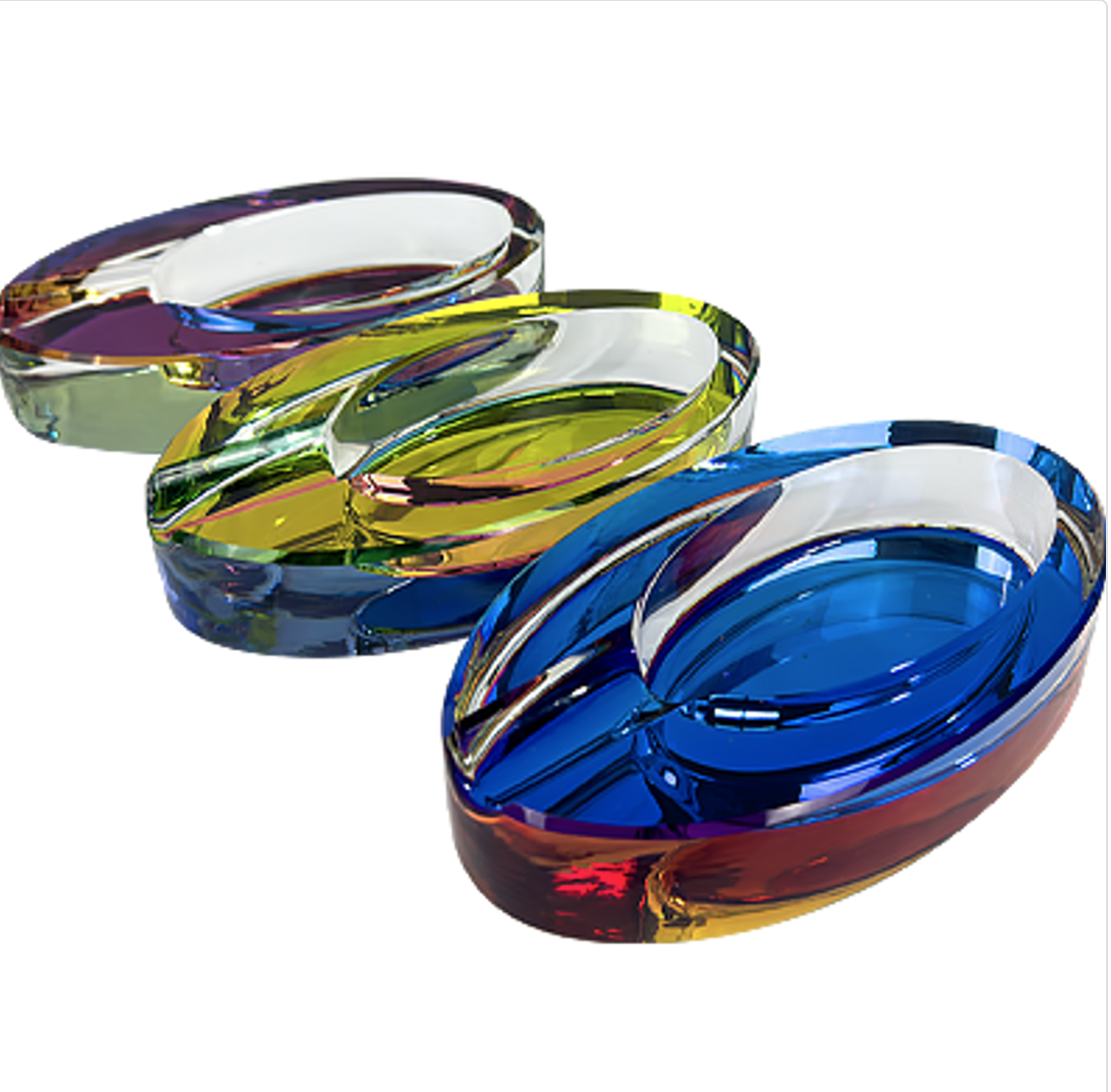 Photograph of product: 5" Oval Iridized Glass Ashtray | Assorted Colors