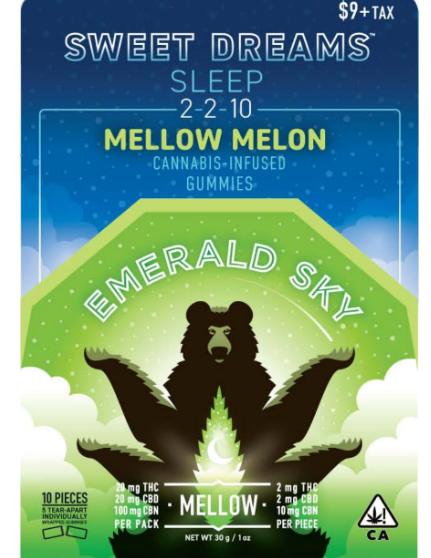 Photograph of product: Emerald Sky - Mellow Melon - Sweet Dreams - Oui'd 2:2:10 TH-oui/CBD/CBN - Gummies - 20mg TH-oui