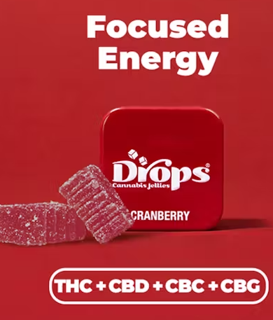 Photograph of product: Drops Single Cranberry Enhanced TH-oui 50mg CBD 50mg CBC 50mg CBG 50mg Live Rosin Oui'd 2PK Infused Jellies 100MG
