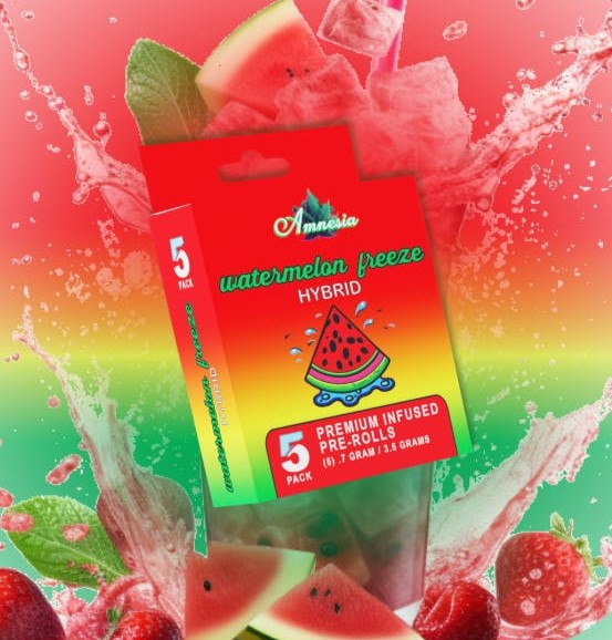 Photograph of product: Amnesia: Watermelon Freeze Multi-Pack Infused Pre-Rolls (5x0.7g)