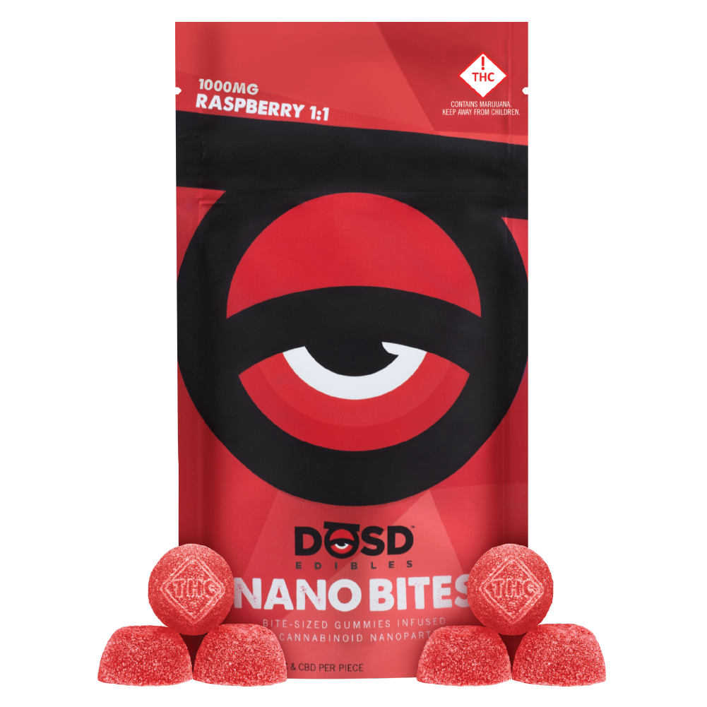 Photograph of product: DOSD 1:1 Nano Bites Gummies | 1,000mg TH-oui : 1,000mg CBD | Raspberry
