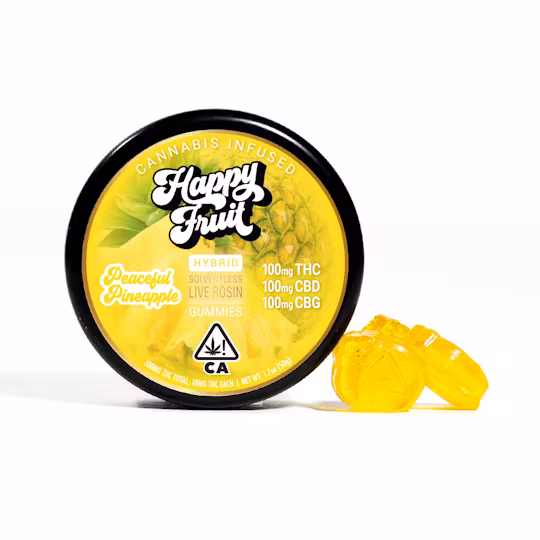 Photograph of product: Happy Fruit | Peaceful Pineapple Rosin Gummies - 100mg TH-oui + 100mg CBD + 100mg CBG