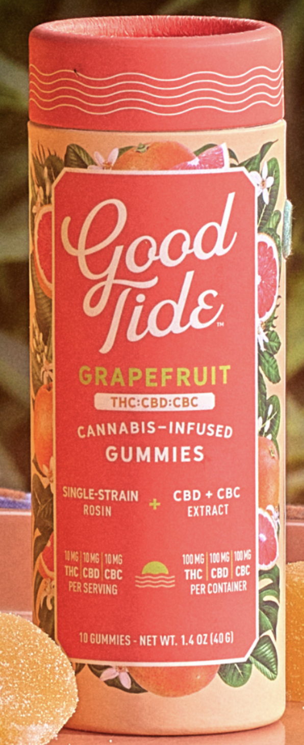 Photograph of product: Good Tide | Grapefruit | 1:1:1 TH-oui:CBD:CBC | Rosin Infused | 100mg