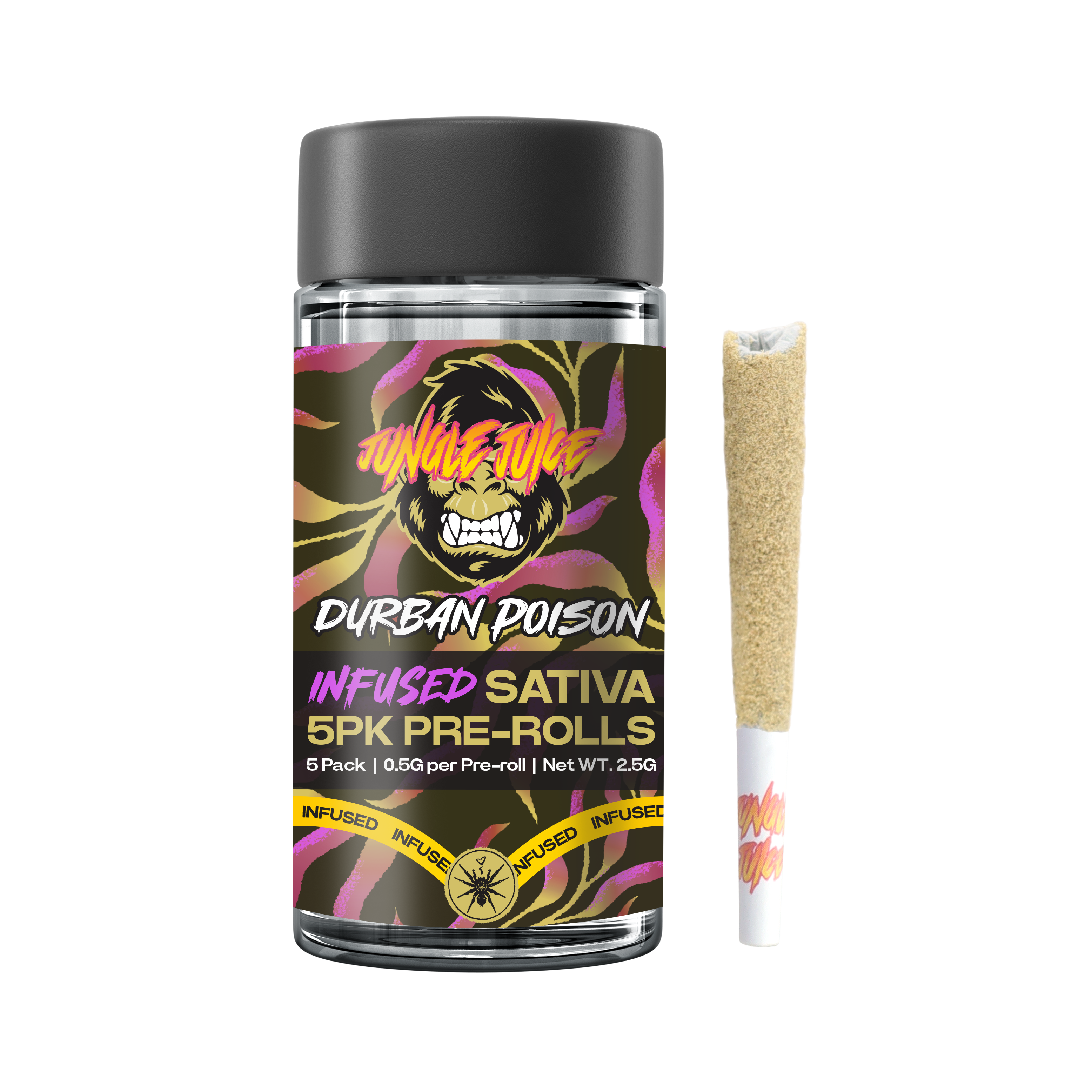 Photograph of product: Durban Poison | .5G Infused Tarantula Prerolls 5CT