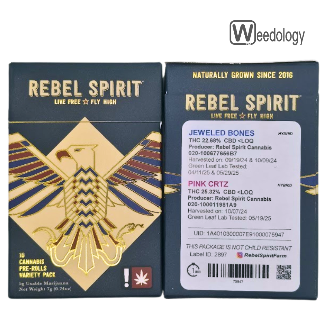 Photograph of product: Rebel Spirit 10pk JEWELED BONES(H)/PINK CRTZ(H) 0.5g Pre-Rolls