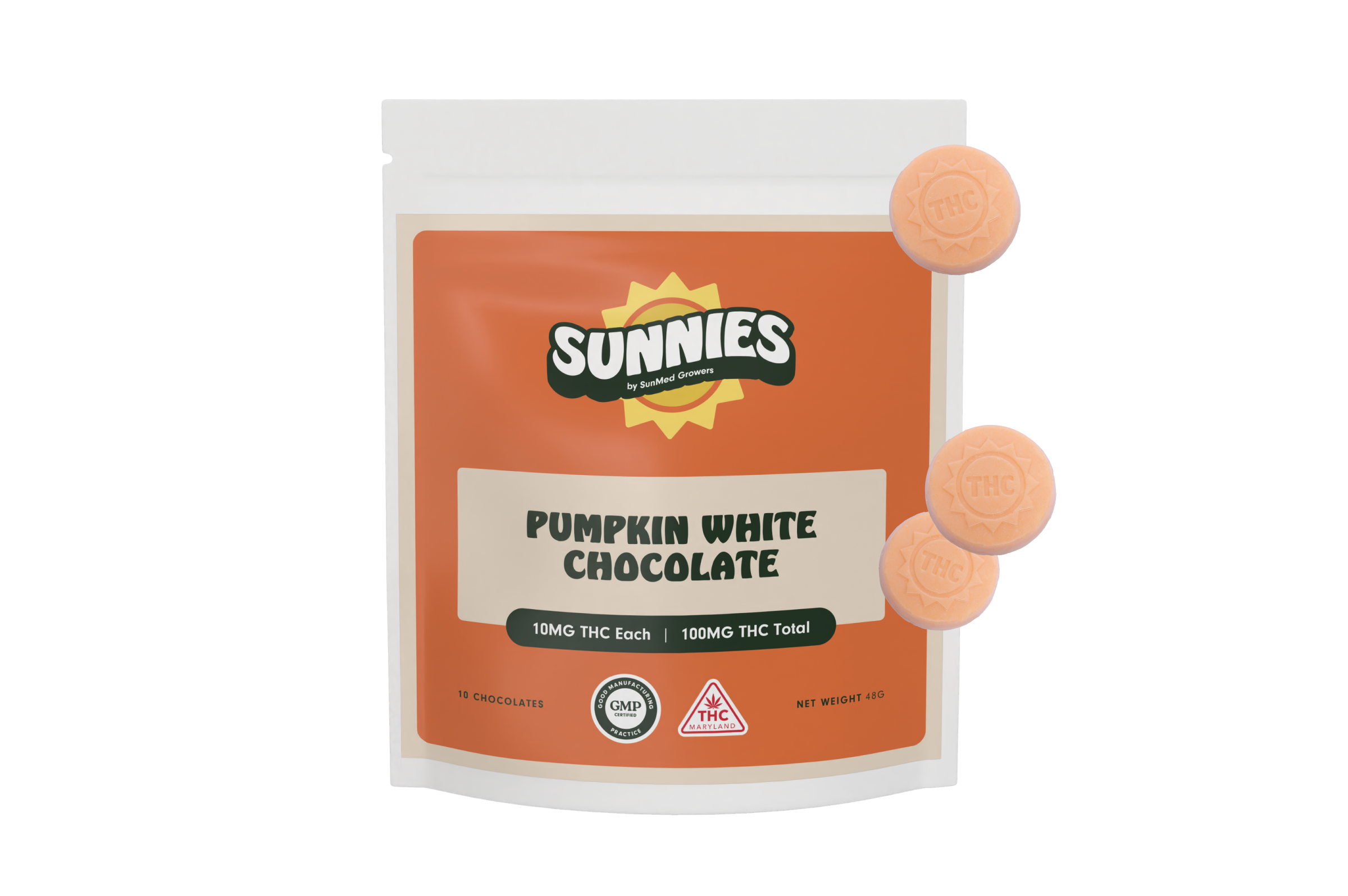 Photograph of product: Sunnies Pumpkin White Chocolates 10mg