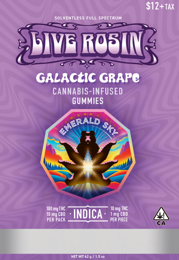 Photograph of product: Galactic Grape [I] | 100mg 10pk Live Rosin Gummy | Emerald Sky