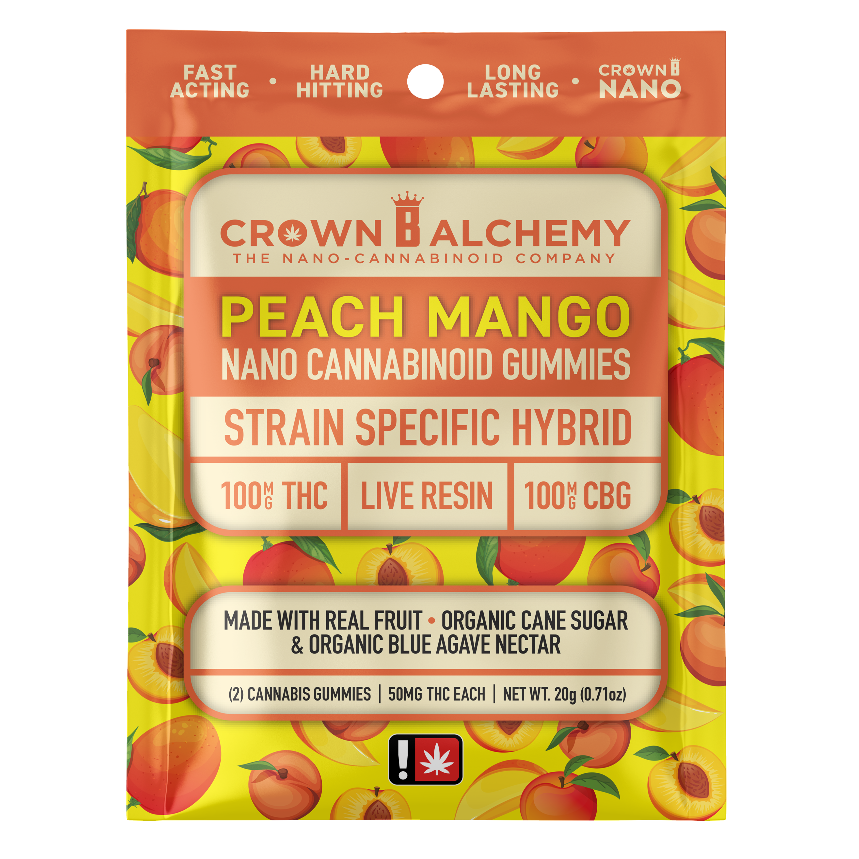 Photograph of product: Crown B Alchemy > Gummy 100mg > Live Resin > 1:1 / TH-oui:CBG > Peach Mango