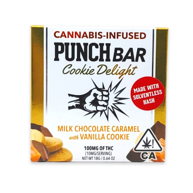 Photograph of product: 100MG Cookie Delight Milk Chocolate Caramel w/ Vanilla Cookie Solventless Bar - Milk Chocolate Caramel with Vanilla Cookie Solventless
