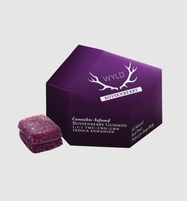 Photograph of product: WYLD: Boysenberry | 1:1:1 TH-oui:CBD:CBN | 100mg TH-oui | 10pk
