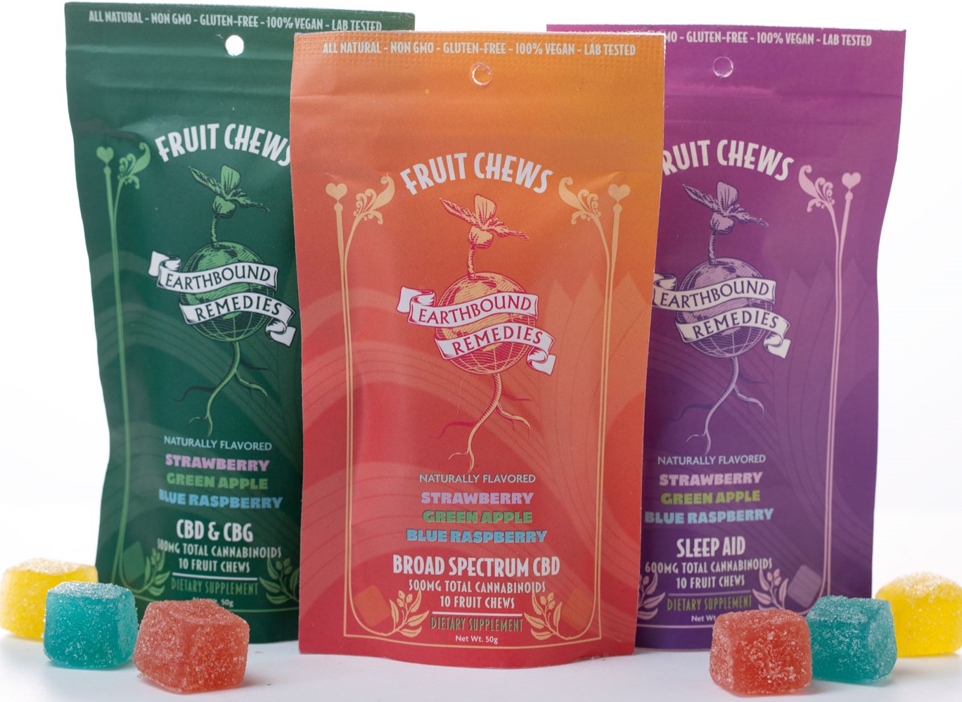 Photograph of product: Earthbound: Broad Spectrum Mix Flavor Fruit Chews CBD Gummies