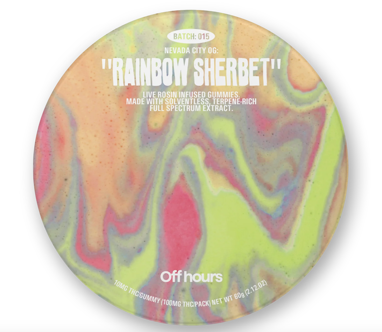 Photograph of product: Off Hours | Rainbow Sherbet | 10mg 10pk Live Rosin Gummies  100mg TH-oui