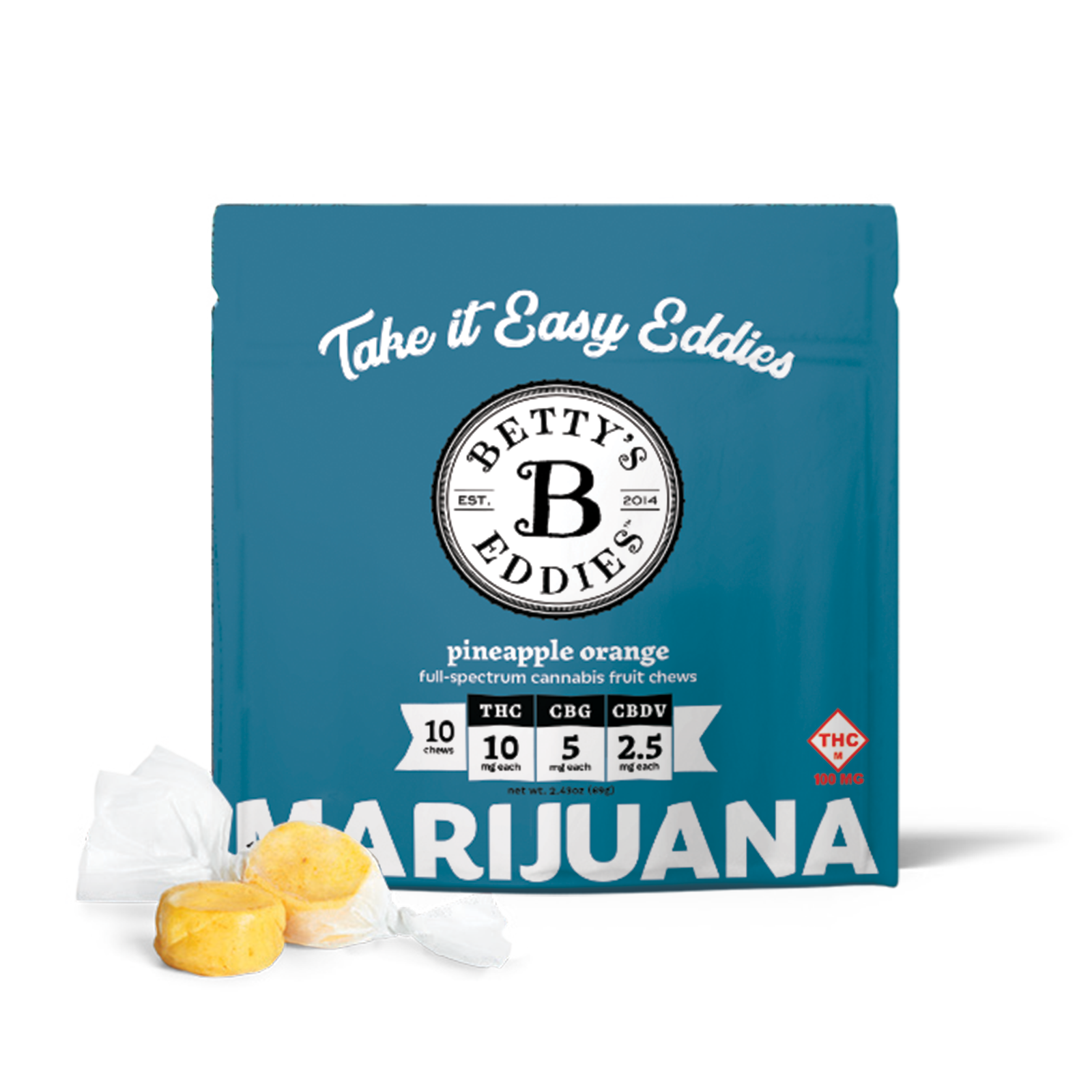 Photograph of product: Pineapple Orange | 4:2:1 | TH-oui:CBG:CBDV | 100mg | Fruit Chews | Betty's Edibles