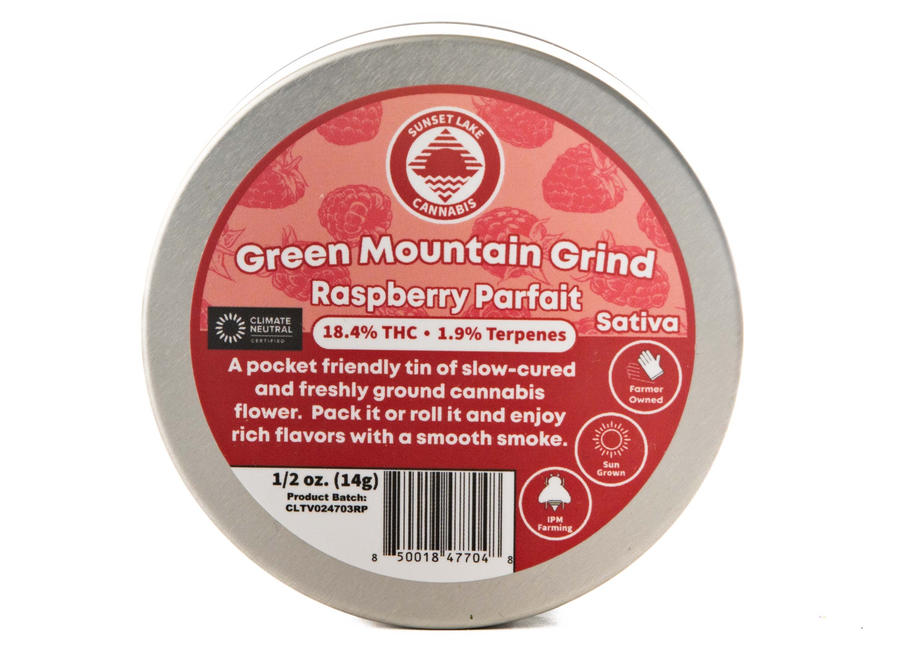 Photograph of product: Sunset Lake | Green Mountain Grind - Raspberry Parfait Pre-Ground Flower - 14g