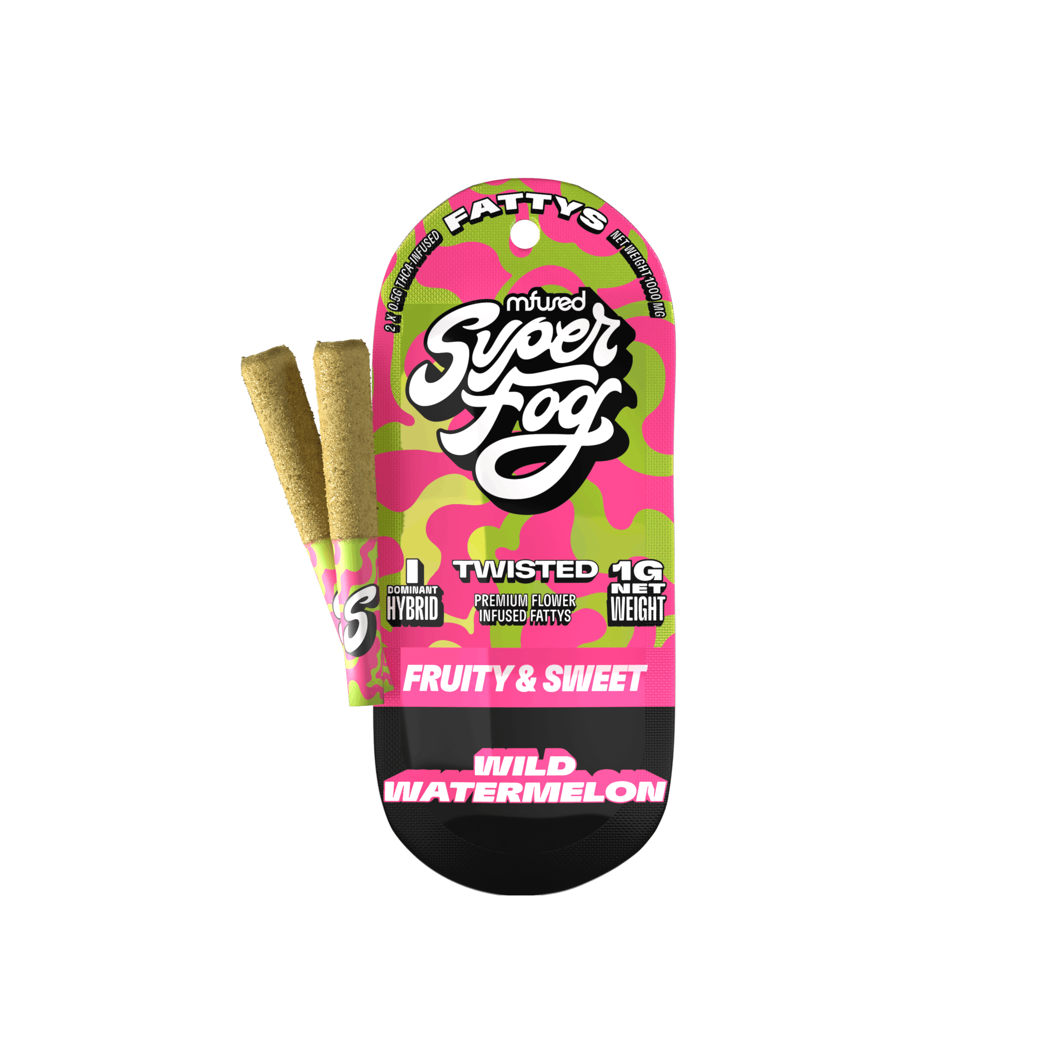 Photograph of product: MFUSED - TWISTED FATTYS - PREROLL INFUSED - 0.5G - 5PK - WILD WATERMELON - Oui'd HYBRID