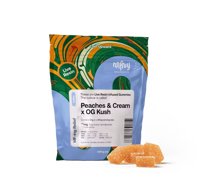 Photograph of product: MFNY Live Resin Gummies 10pk - Peaches & Cream x O2 OG Kush