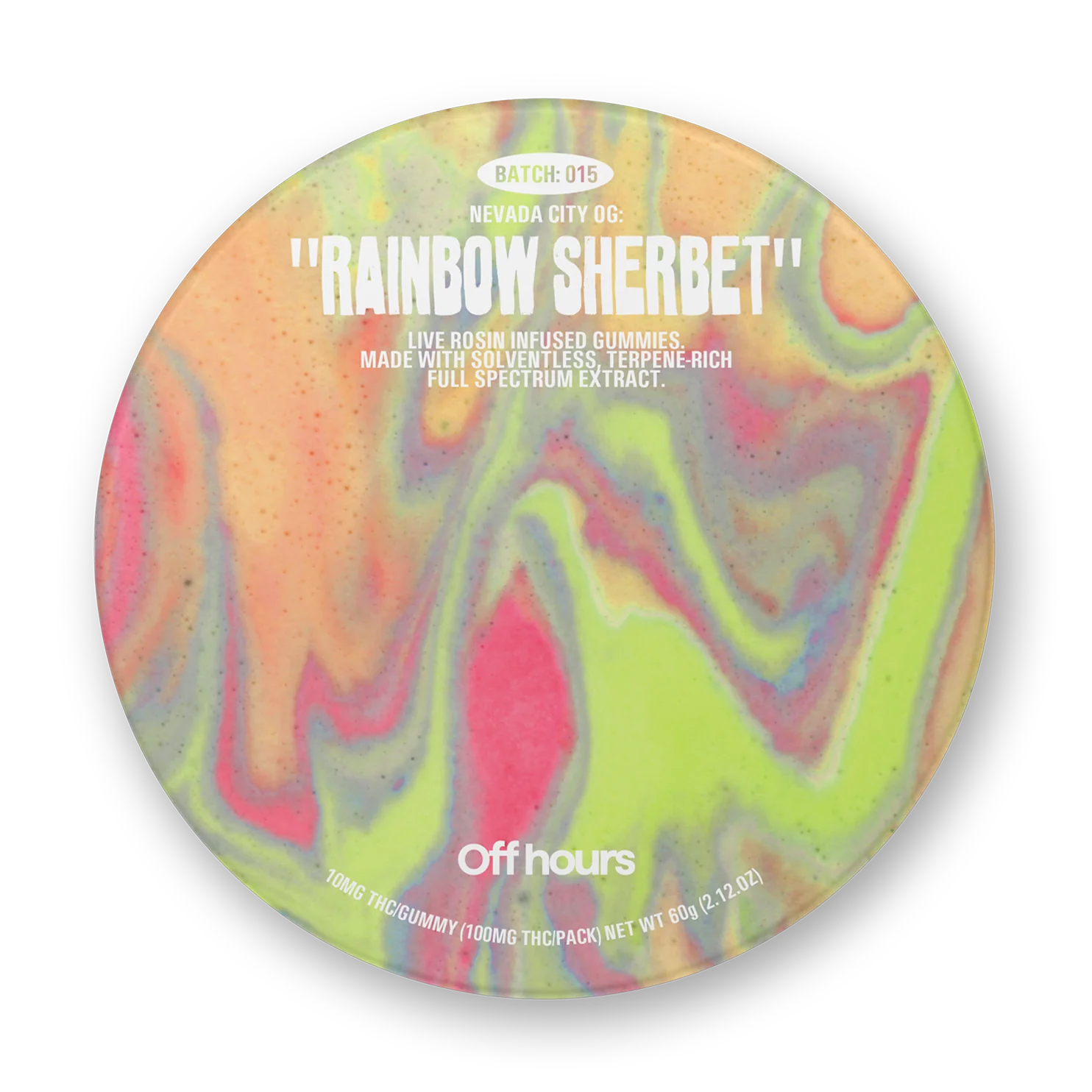 Photograph of product: Nevada City OG "Rainbow Sherbet" | Live Rosin Infused 10pk Gummies | Off Hours