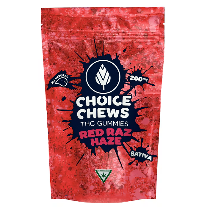 Photograph of product: Choice Red Raz Haze Oui'd Soft Chews 200mg Rec
