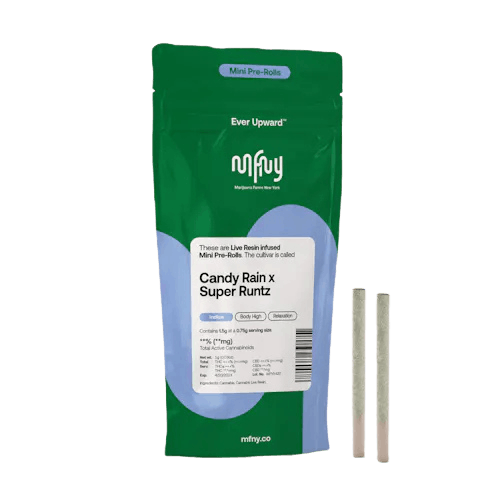 Photograph of product: MFNY | CANDY RAIN X SUPER RUNTZ | 2 X .5 GRAM LIVE RESIN INFUSED PRE-ROLLS