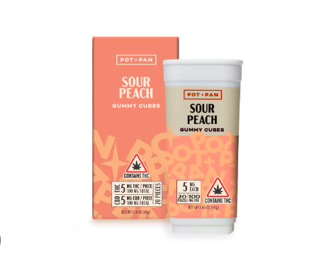 Photograph of product: Pot and Pan | 1:1 Sour Peach 5mg Gummies 20 Pack