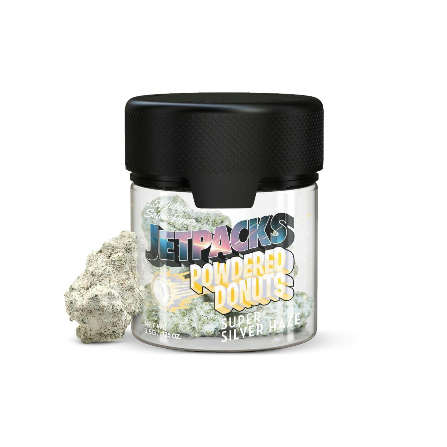 Photograph of product: Jetpacks  |  Super Silver Haze Powdered Donuts  |  3.5G Infused Flower