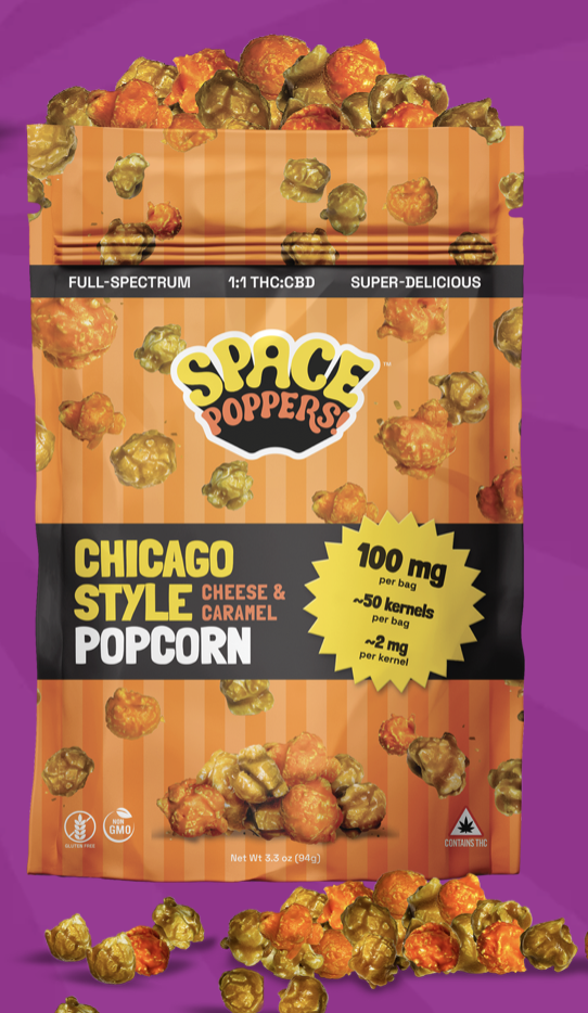 Photograph of product: Space Poppers | Chicago Style (Cheese & Caramel) | 2mg / Kernel 100mg Bag PopCorn