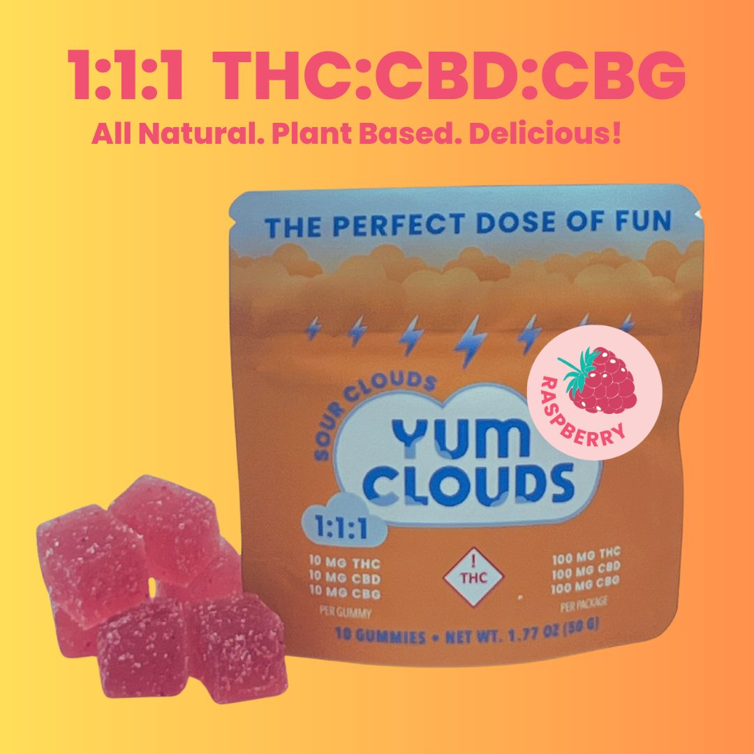 Photograph of Product: Raspberry (H) | 100mg THC/CBG/CBD | Yum Clouds